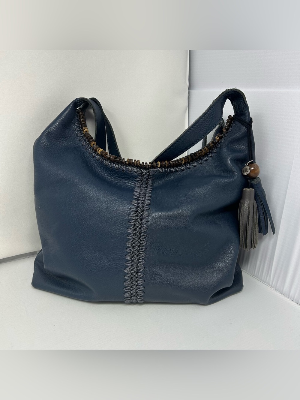 Boho The Sak Leather Hobo Bag slouchy with Beaded Trim and Tassel charm Blue